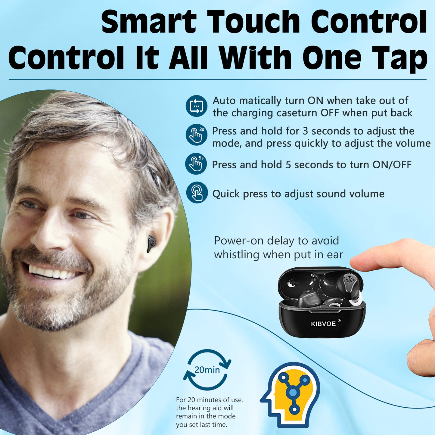 KIBVOE Sound Amplifier For Seniors Rechargeable Adults Sound Amplifier For Mild and moderate Sound Loss, Super Long Battery Life, With Charging Case& USB Charging Cable-Black