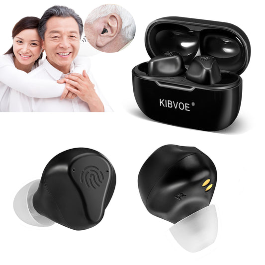 KIBVOE Sound Amplifier For Seniors Rechargeable Adults Sound Amplifier For Mild and moderate Sound Loss, Super Long Battery Life, With Charging Case& USB Charging Cable-Black