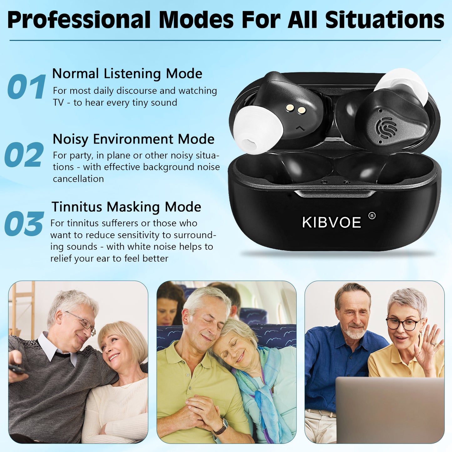 KIBVOE Sound Amplifier For Seniors Rechargeable Adults Sound Amplifier For Mild and moderate Sound Loss, Super Long Battery Life, With Charging Case& USB Charging Cable-Black