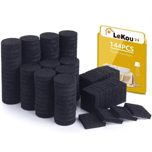 Lekou 1" Felt Furniture Pads 144 Pieces, Round and Square Black Self-Adhesive Anti-Slip Foot pads , Suitable for Various Homes on Wood Floors and Tiles