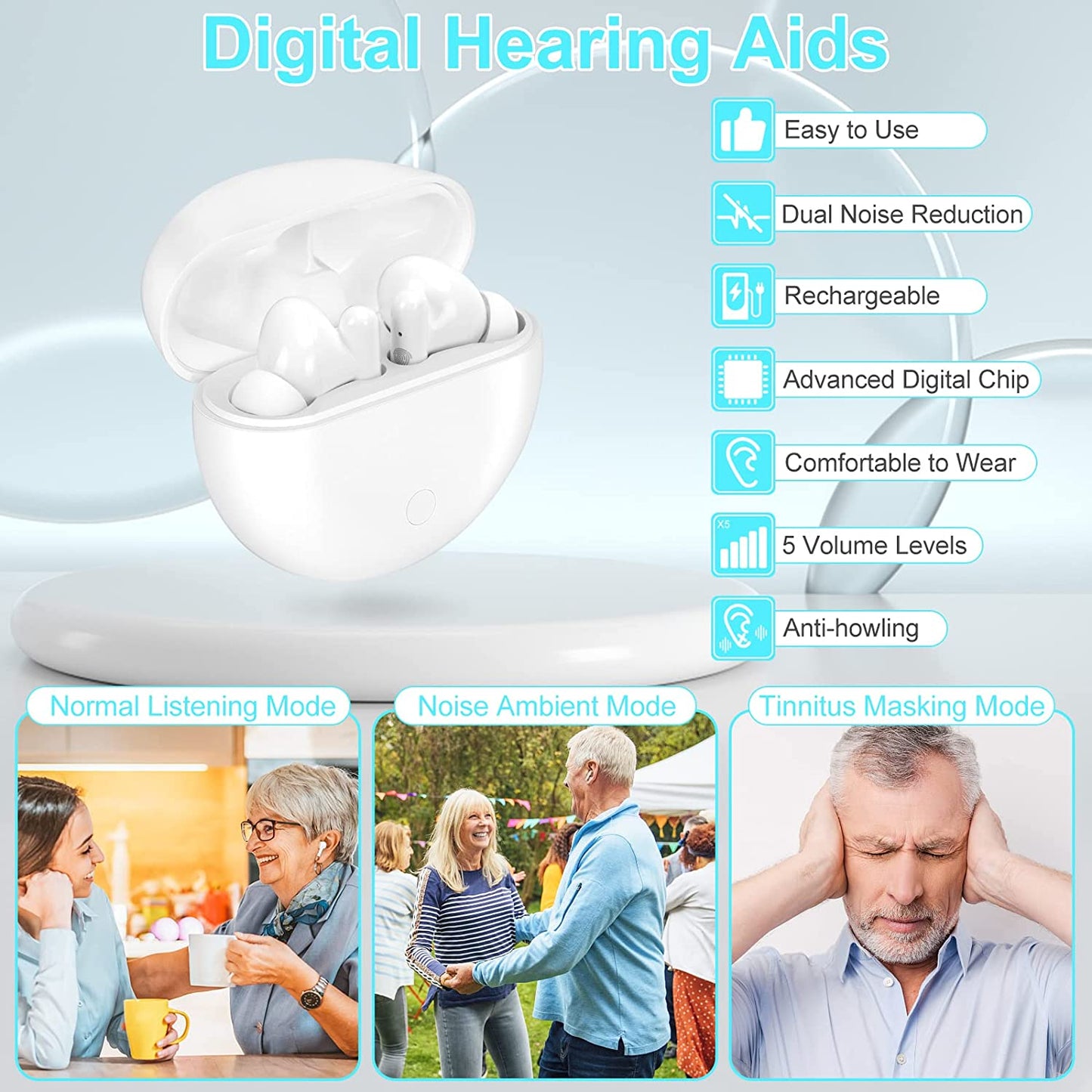 Hearing Aid Rechargeable for Seniors and Adults, White